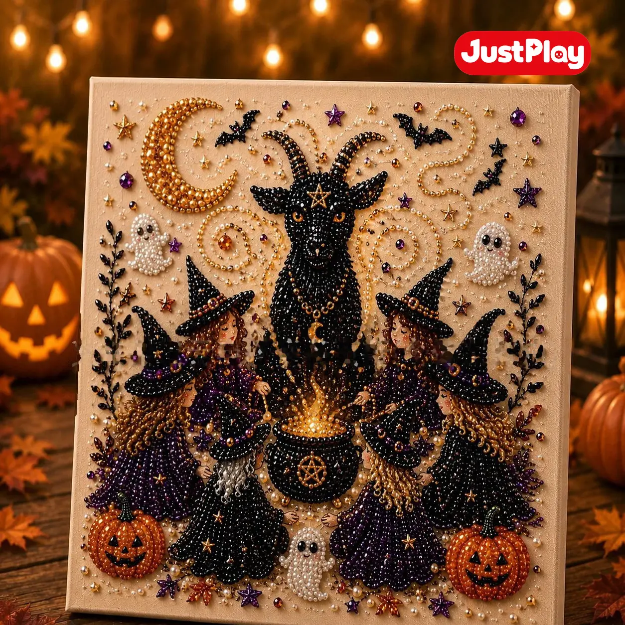 【JustPlay】2026 Halloween New Pearl Art DIY Kit, 3D Bead Mosaic Craft for Fall Home Decor,DIY Fall Home Decor Wall Art, Beginner DIY Seasonal Party Gift
