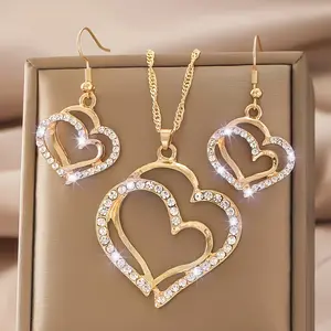 1pc Necklace + 2pcs Earrings Elegant Double Layer Hollow Heart Pendant Necklace and Earrings Set, Inlaid with Shiny Artificial Rhinestones, Unique Water Wave Chain Neck Necklace, Exquisite Women'S Daily Versatile, Party Jewelry Accessories