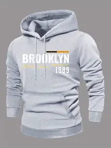 Men's Brooklyn Letter Print Hoodie, Oversized Drawstring Cap, Streetwear Trend, Sporty Fitness, Casual Fall & Winter Long Sleeve Sweatshirt