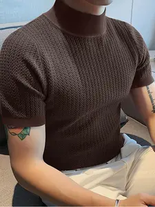 Men's solid-color water ripple knitted short-sleeved T-shirt, regular style, casual sports, outdoor travel and daily wear, neutral and simple design, essential item for men's wardrobes, Menswear, Streetwear, Tops