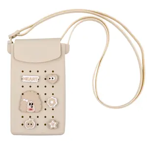 New DIY silicone storage bag with holes, cartoon design with decorative pieces, flip cover magnetic phone bag, crossbody bag in stock