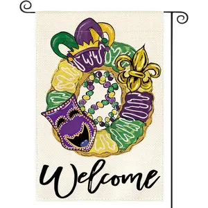 Mardi Gras Donut Garden Flag 12x18 Inch Double Sided, Mask Fleur de Lis Welcome New Orleans Carnival Yard Outdoor Decoration