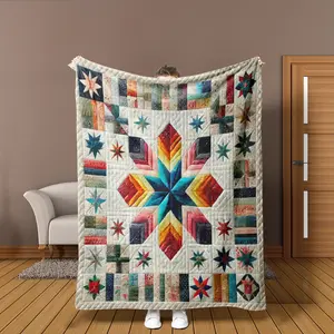 Faux Colorful Patchwork Blanket, Vintage Geometric Fleece Throw for Home and Outdoor Use, Soft Warm Multi-Purpose Gift