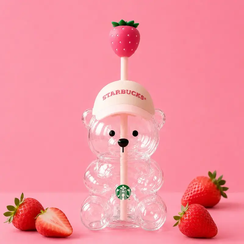 Strawberry Bear Limited Edition 2026 Starbucks Tumblers Baseball cap Bearista Bear Cup, Creative Cocktail & Soda Glassware