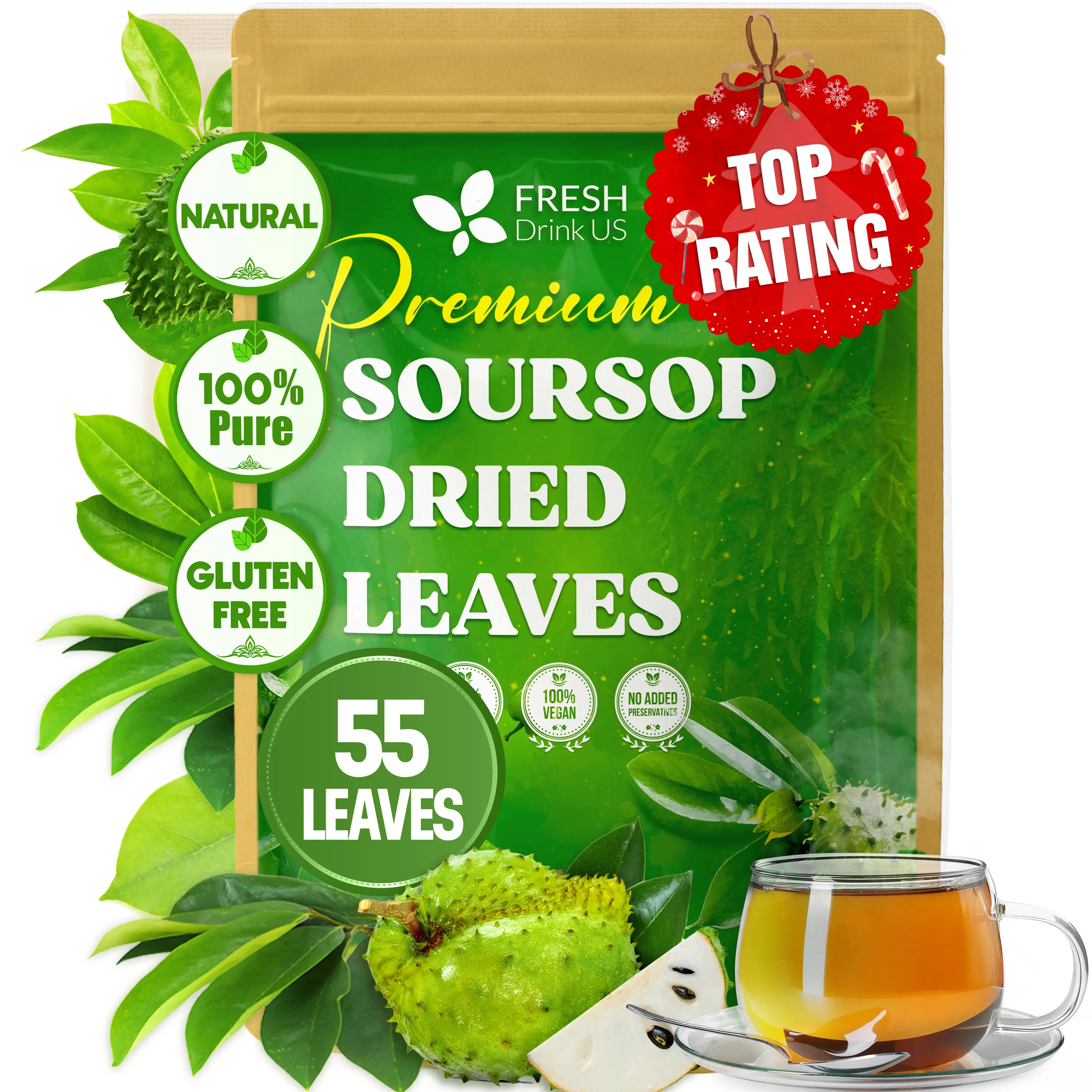 【FreshDrinkUS】  Premium Soursop Graviola Dried Leaves Tea, 55 Whole Soursop Leaves, Wildcrafted, Graviola Tea, Guanabana Tea, Hoja Guanabana, Soursop Loose Leaf Herbal Tea, No Gluten, Vegan Natural Beverage