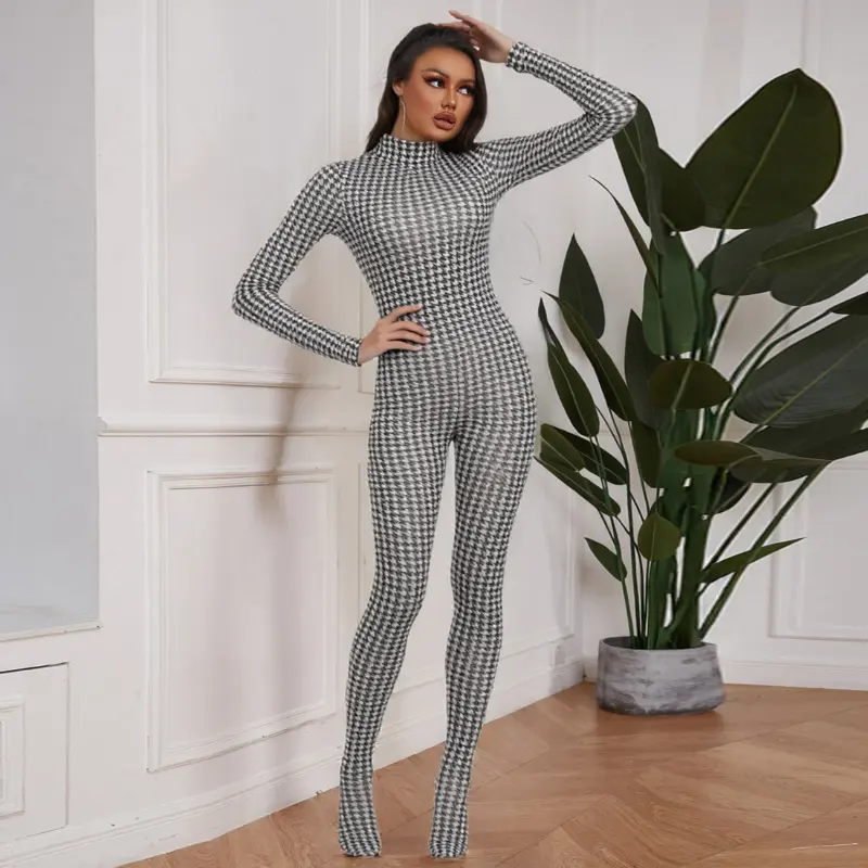 Women's Printed Bodycon Catsuit, a Sexy High-Neck Long Sleeve Jumpsuit with a High-Waisted Slim Fit, Fashion, Women's Fashion