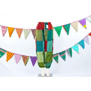Bohemian Green Patchwork Harem Pants - Unisex Cotton Hippie Trousers, Eco-Friendly Elastic Waist Boho Pants