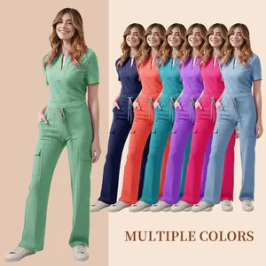 Medical Scrubs Set for Women - 2-Piece Nurse Uniform with Pockets for Hospital & Salon Professionals Clothes Womenswear Women's Drawstring Lounge Set with Cropped Top Short Sleeve Gradient Set