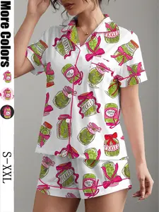 Women's Sleepwear Set, Cucumber Can Print Short Sleeve Button-Up Top & Loose Elastic Shorts, Casual Loungewear Home Wear for All Seasons