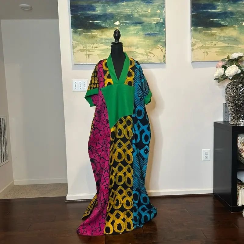 Handmade Women's Kaftan Dress Trimmed with green Kente Fabric Featuring Colorful Patchwork Design Womenswear Casual