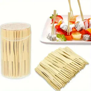 Bamboo Fruit Skewer, 100pcs/set Disposable Double Prong Fruit Cocktail Fork, Mini Cakes, Pastries, Desserts Fork, Party Supplies, Dental Floss