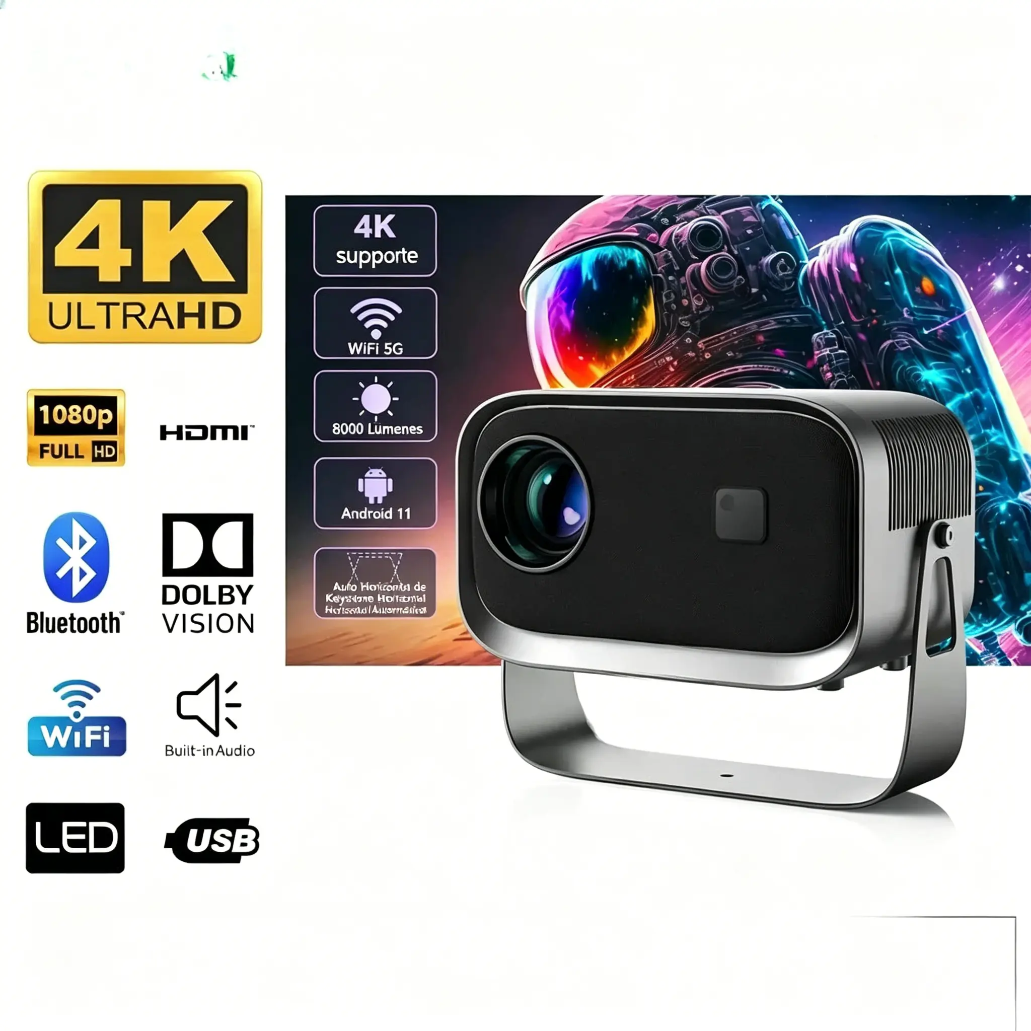 4K Portable Travel Projector with Automatic Keystone Correction, Wi-Fi 6, Bluetooth Audio Output, Built-in Speaker, Android System, Compatible with Phones & Computers for Bedroom Use lightscreen