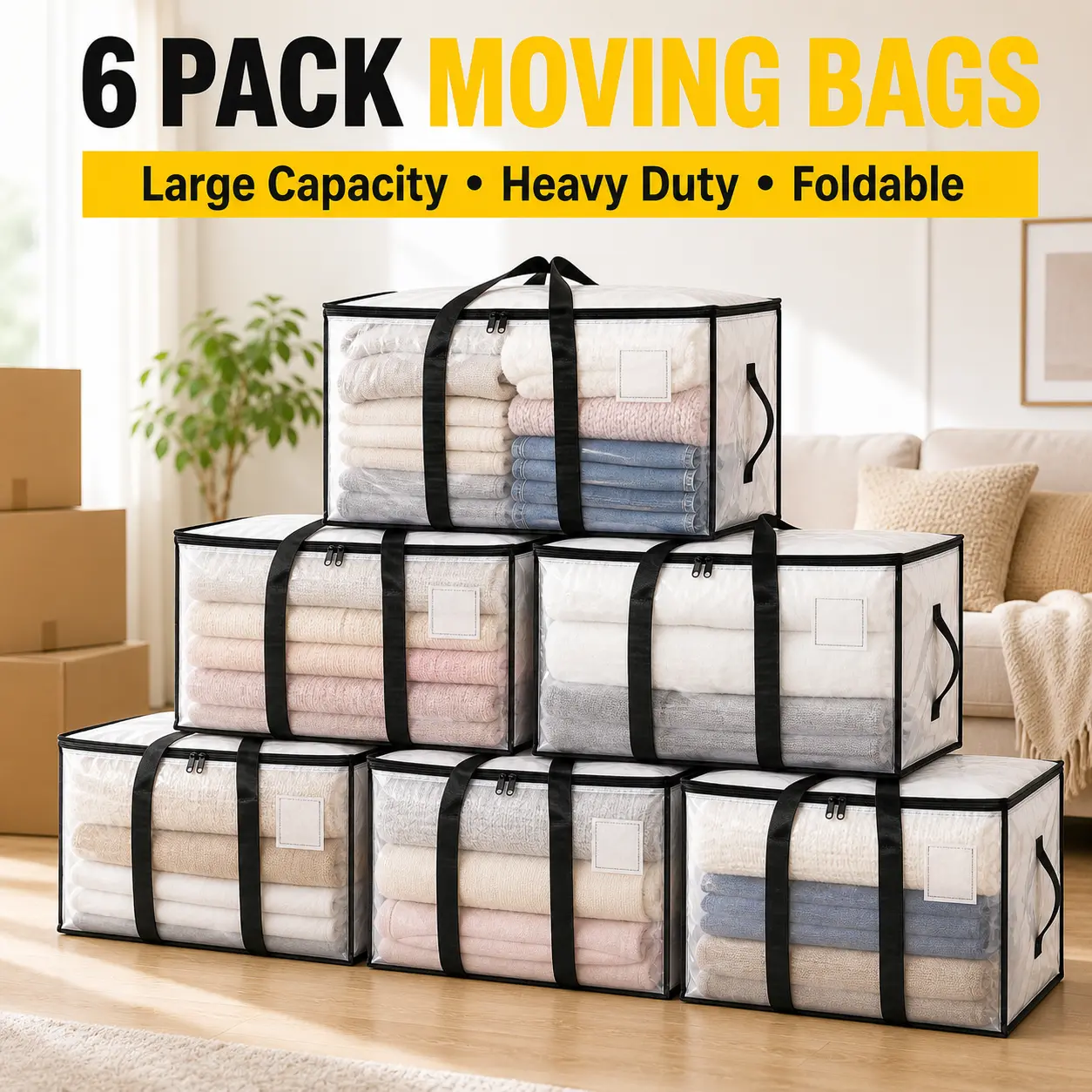Heavy Duty Moving Storage Totes with Strong Handles, Zippered Opening and Label Pocket, Extra Large Foldable Bags for Apartment Moves, College Dorms, Closet Organization, Travel and Camping