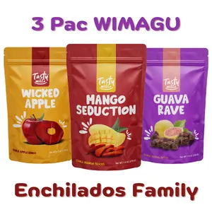 Tasty Milla | 3 Pack WIMAGU | Individual packages of Wicked Apple (Manzana enchilada, 175 grs), Mango Seduction (Mango enchilado, 210 grs) and Guava Rave (Ate de Guayaba enchilado, 210 grs) | The best mexican snacks enchilados with chile and chamoy. Dried