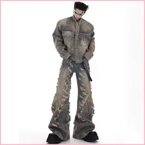 Niche Retro Wasteland Destruction Denim Jacket Suit Heavy Distressed Jacket Micro-flared Jeans Men's Fashion