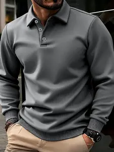 Men's Autumn Winter Polo Collar Button Front Pullover Sweatshirt, Long Sleeve Formal Top for Daily Wear, Stylish Men's Clothing