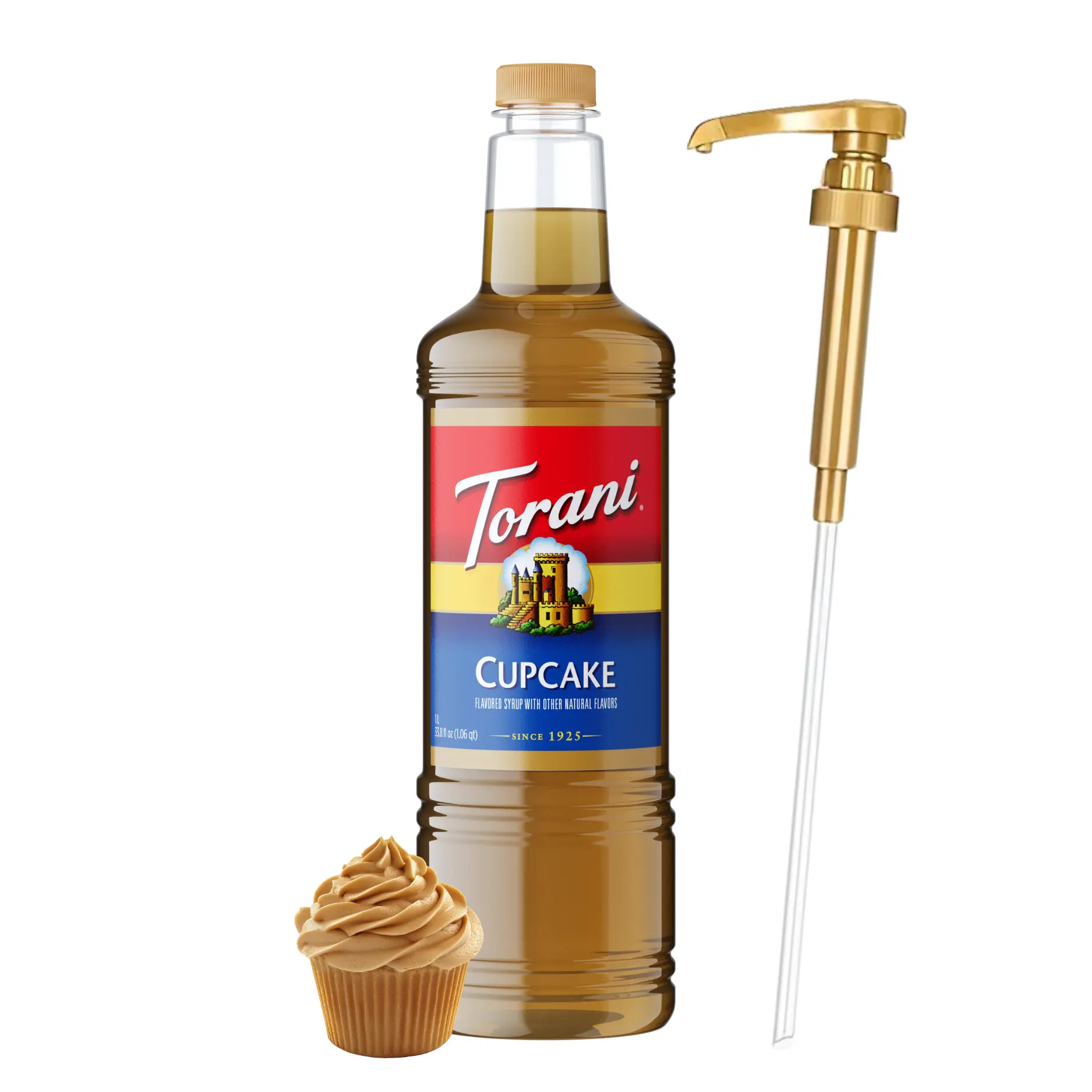 Torani Cupcake Syrup, 1L with Pump - Natural, Ambient, Cholesterol-Free Vanilla Flavoring for Coffee, Desserts, Cafes