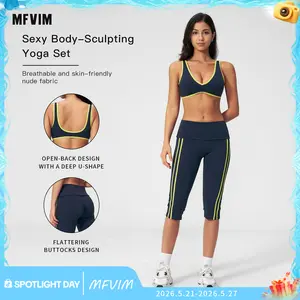 MFVIM women’s color-block sports bra and high-waisted striped shorts, suitable for outdoor sports and running workouts