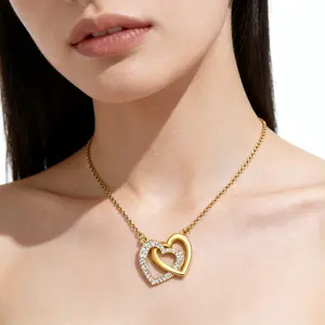 Interlocking Double Hearts Pendant Necklace for Women, Gold Plated Crystal Love Jewelry, Tarnish Resistant O-Chain, Romantic Daily Valentine Gift for Women