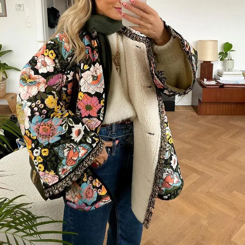NEWNewWomen Winter Loose Quilted Jacket Floral Print Button Down Long Sleeve Padded Coat Warm Outwear
