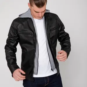 FAD - Men's Butch Hooded PU Faux Leather Moto Jacket Stylish Coats Menswear Outfit Soft Patchwork Casual Pocket
