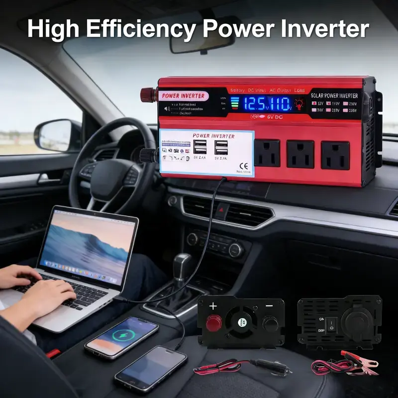 Portable 1000W Power Inverter, DC 12V to AC 120V Car Converter with LCD Screen, 3 US Sockets + 4 USB Charging Ports, Cigarette Lighter & Battery Clamps for Vehicle & Home Emergency