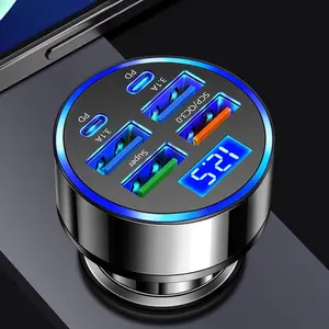 Multifunctional 6-in-1 Car Charger with USB Ports and Fast Charging Capability for Smartphones and Tablets Car Adapter with LED Display
