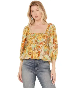 By Together Women's Sunflower Print Smocked Long Sleeve Peasant Top - L6364