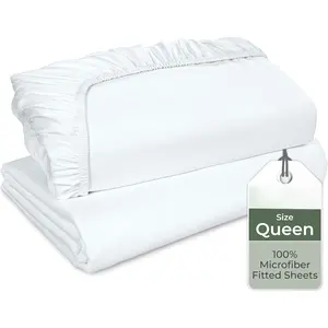 2 Pack Fitted Sheet - Elastic Sheets -  Fitted Sheet Only -Soft & Breathable - Brushed 1800 Microfiber- Stain Resistant- Hotel Quality Deep Pocket Stretches Up to 16" (, White)