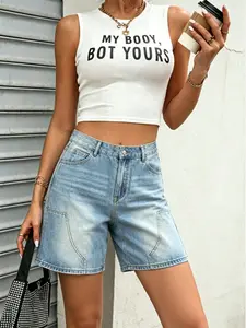 Women's High-Waisted Multi-Functional Denim Shorts, Vintage Wash Effect, Loose Fit, Casual Retro Style, Perfect for Summer