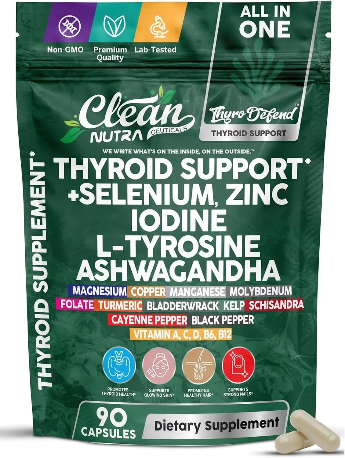 ThyroDefend Thyroid Support Supplement Pouch with Iodine Selenium Zinc L-Tyrosine Ashwagandha Turmeric Magnesium Kelp Bladderwrack Vitamin B12 Vitamin D3 for Women and Men, 22 Premium Actives, 90 Capsules Resealable Bag, Made in USA