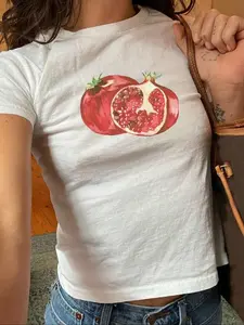 Women's Fruit Print Round Neck Crop Tee, Casual Chic Fitted Short Sleeve Crew Neck T-shirt for Summer, Fashion Women's Top for Daily Wear, Womenswear