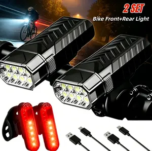 2 Sets (8 LEDs Total) Ultra Bright System - 1200mAh USB Lights with 3-Speed Front Headlight & 4-Speed Tail, USB- for Road/Mountain, Night Cycling, Compatible with