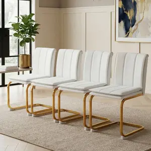Modern Dining Chairs Set of 4, Space-Saving Cantilever Design Kitchen Chairs with Metal Legs, Sturdy Arched Base & Easy Assembly for Kitchen Living Room Dining Room (White+Gold + PU)