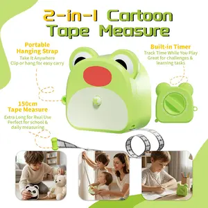 2-In-1 Cartoon Tape Measure + Timer Alarm, 150cm Compact Extendable Tape, 60min Timer, Durable Plastic Tool, Essential for DIY Projects
