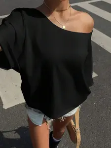 Women's slanted-collar off-the-shoulder short-sleeve top, loose-fitting at the shoulders, versatile Casual T-shirt, Y2K style women's short-sleeve