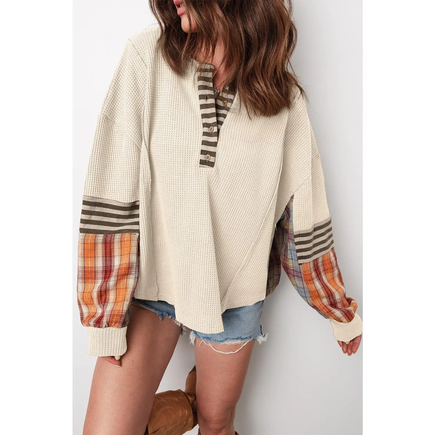 Beige Waffle Stripe Plaid Patchwork Henley Knit Top