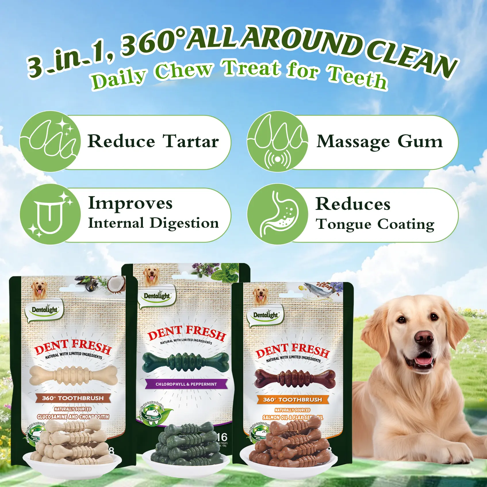 Dentalight - Toothbrush Dog Chew Treat, Supports Oral Health, Fresh Breath, Remove Plaque, Vitamins and Minerals, Support Joint & Cartilage, 18pcs 150g/Pack