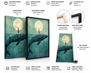 Blue Fairy Moonlight Canvas Print - Whimsical Watercolor Wall Art with Girl on Humpback Whale, Teal Background, IndoorOutdoor Decor for Bedroom, Living Room, Dormitory, or Bar, Dormitory Decoration  Whimsical Wall Art