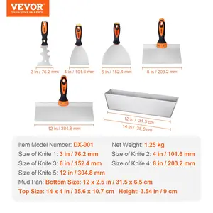 VEVOR Drywall Knife Set, 6 PCS Drywall Tools Includes 3 Painter Scraper, Two Putty Knives, Two Taping Knives and 12 Mud Pan, Stainless Steel Spackle Tool, Drywall Finishing Tools for Home