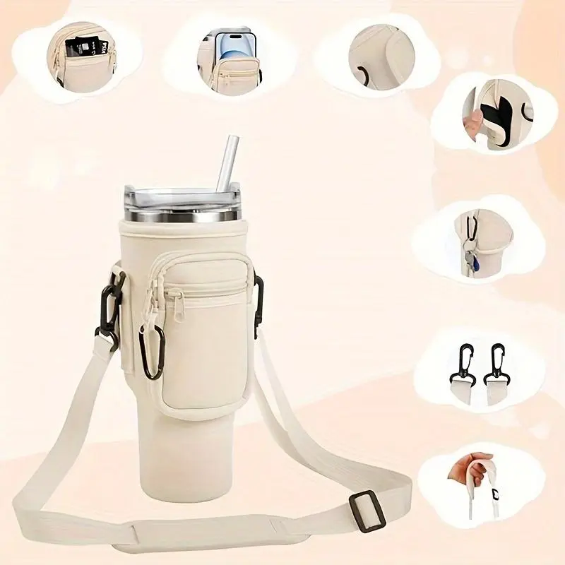 400z mug Water Bottle Carrier - Insulation and anti-scalding - With mobile phone pocket - bank card ID card pocket - Adjustable Strap -Suitable for outdoor adventures, walking, traveling, camping, fishing Cup Drinkware - Bottle Holder - Cup Holder