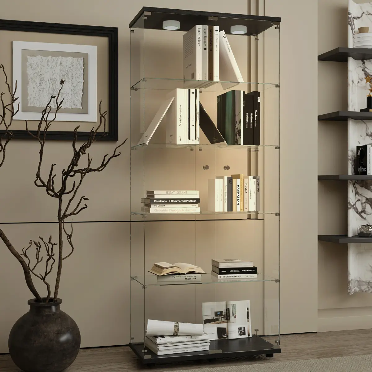 Tempered glass display cabinet,liquorcabinet,storagecabinet,filecabinet,with paipai lights,with locks,bottom equipped with adjustable feet,suitable for uneven,living room bedroom,coidor,office,black
