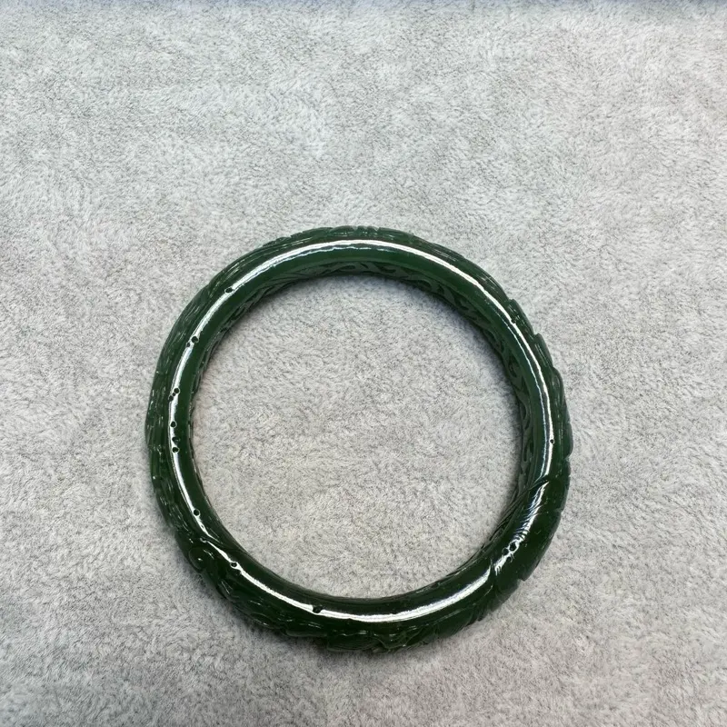 Certified Authentic Green Nephrite Jade Bangle Hand Carved Floral Design 59 mm Fine Natural Jade Bracelet for Elegance