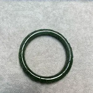 Certified Authentic Green Nephrite Jade Bangle Hand Carved Floral Design 59 mm Fine Natural Jade Bracelet for Elegance