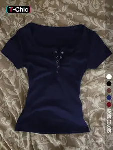 Women's Casual Basic Everyday Solid Color Square Neck Button Front Short Sleeve T-Shirt, Slim Fit Fitted Design, Comfortable Daily Wear