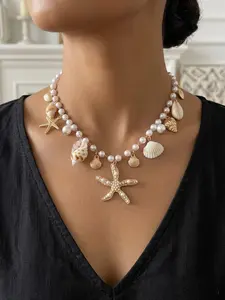 Bohemian summer beach ocean style seashell necklace for women, pearl starfish and conch jewelry, Dangling Pearl Necklace, Pearl Embellished
