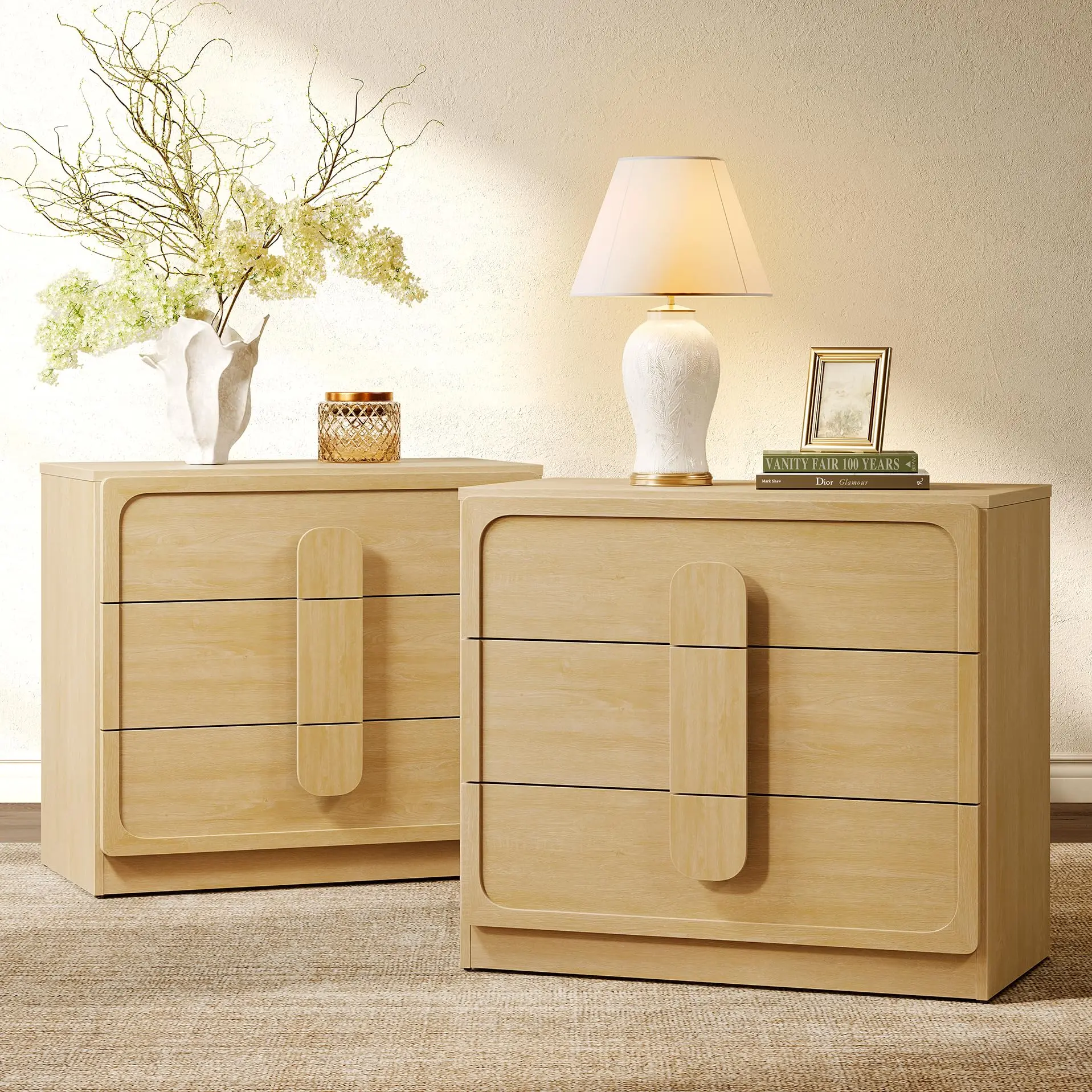 SICOTAS Nightstands Set of 2, 28" Extra-Wide Night Stand with 3 Drawers, Modern Bedroom Nightstand, Large Arched Handle, Wood Grain Finish, Oversized Bedside Table End Table, Sandbar Oak
