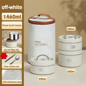 Stainless steel bento box set with insulated bag, portable insulated lunch box, 3 round stackable leakproof thermal food containers, microwave-safe lunch container set (420 ml and 620 ml) for adults, kids, office, school, travel, camping