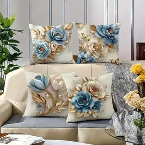 Floral Pattern Cushion Cover, 4 Counts/set Modern Style Pillowcase without Filler, Household Decoration Supplies for Home Living Room Bedroom