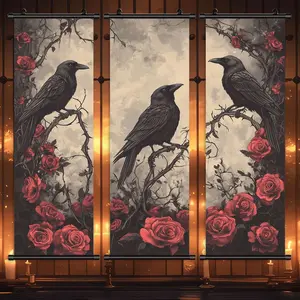 3 Counts Halloween Hanging Banner, Yard Sign Banner, Three Crows And Roses, Halloween Mural And Decorative Posters, Fun Party Decorations, Horror Themes, Living Room, Bedroom, Home Posters, High Definition, Waterproof, Ideal Gifts